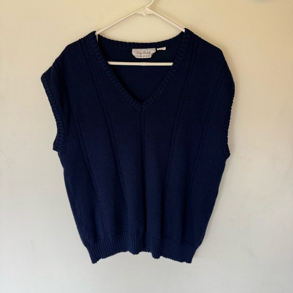 Vintage Navy Blue V-Neck  cable knit Women's Sweater Vest size XL